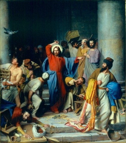 Jesus casting out the money changers at the temple
